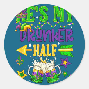 Drunker half mardi gras couple drinking beer classic round sticker