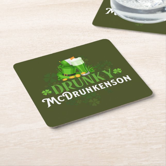 Drunky McDrunkerson St. Patrick's Day Square Paper Coaster (Angled)