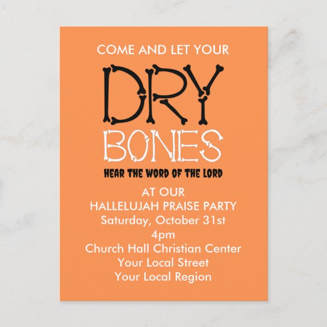 DRY BONES Christian Halloween Party Invitation Postcard (Front)