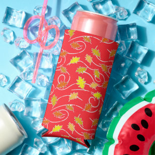 Dry brown leaves pattern red seltzer can cooler
