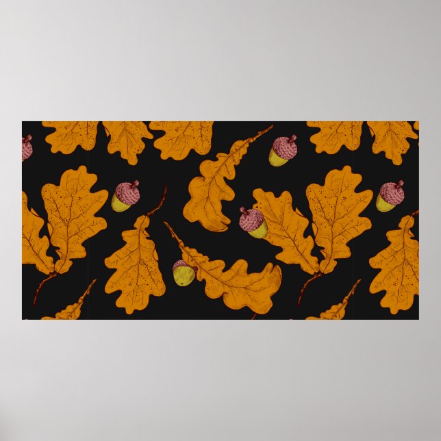 Dry oak leaves and acorns. Hand drawn seamless pat Poster (Front)
