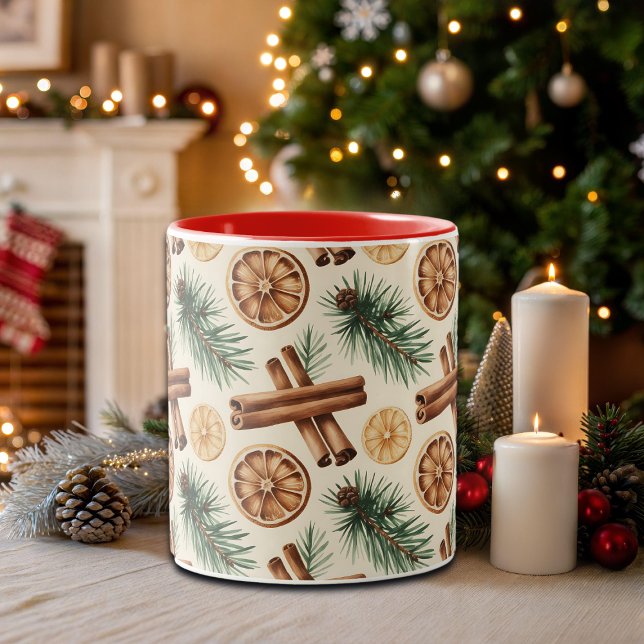 Dry Oranges Cinnamon Sticks Fir Branches Two-Tone Coffee Mug (Creator Uploaded)