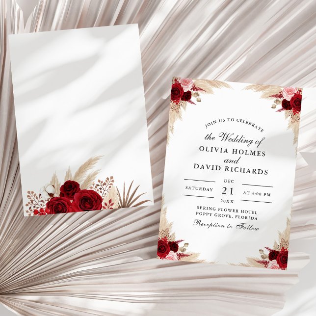 Dry Tropical Leaves and Rose Wedding Invitation (Dry Tropical Leaves and Rose Wedding Invitation on a sunny white dry palm leaf.)