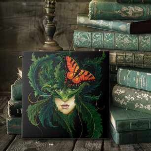 Dryad Green Leaves Butterfly Ceramic Tile