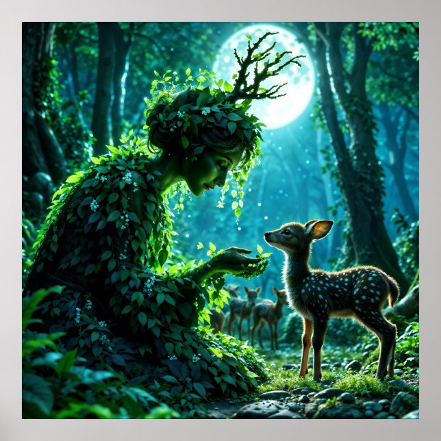 Dryad queen of the enchanted forest at night art poster (Front)