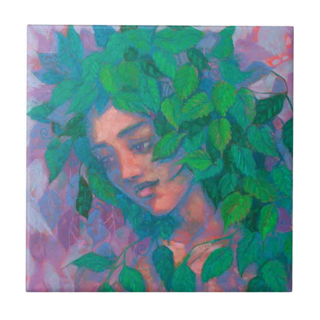 Dryad Tree Spirit Green Leaves Surreal Fantasy Art Ceramic Tile (Front)