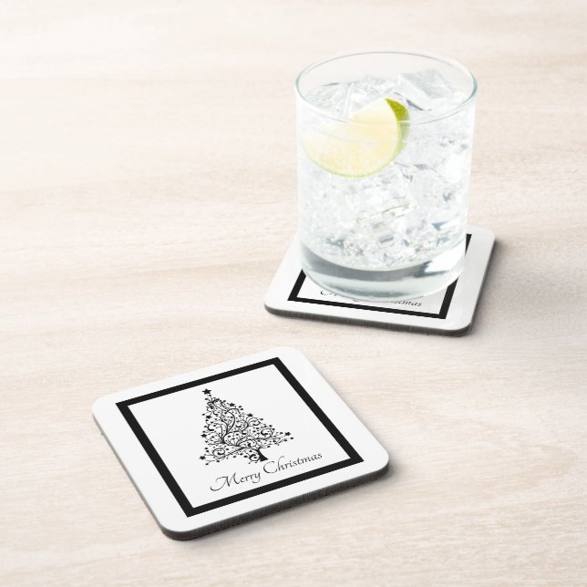 Dual Black and White Minimalistic Christmas Trees Coaster (Right Side)
