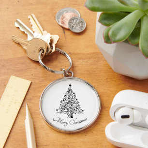 Dual Black and White Minimalistic Christmas Trees Key Ring
