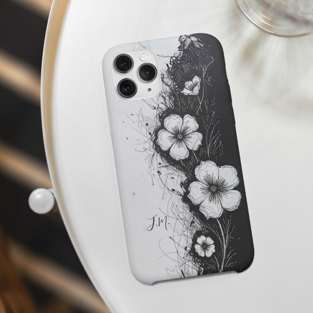 Dual Black White Flowers Monogram Custom Name Case-Mate iPhone Case (Creator Uploaded)