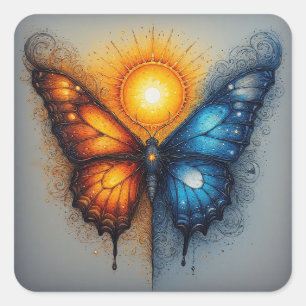 Dual-Coloured Butterfly Over Bright Sun Square Sticker