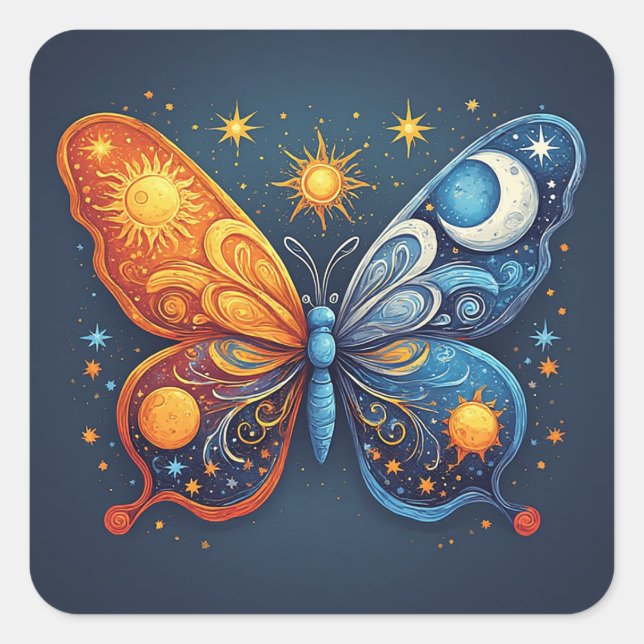 Dual-Coloured Butterfly Over Bright Sun Square Sticker (Front)