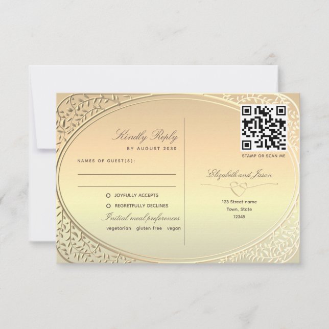  Dual-Function Gold Wedding QR Code RSVP Card (Front)