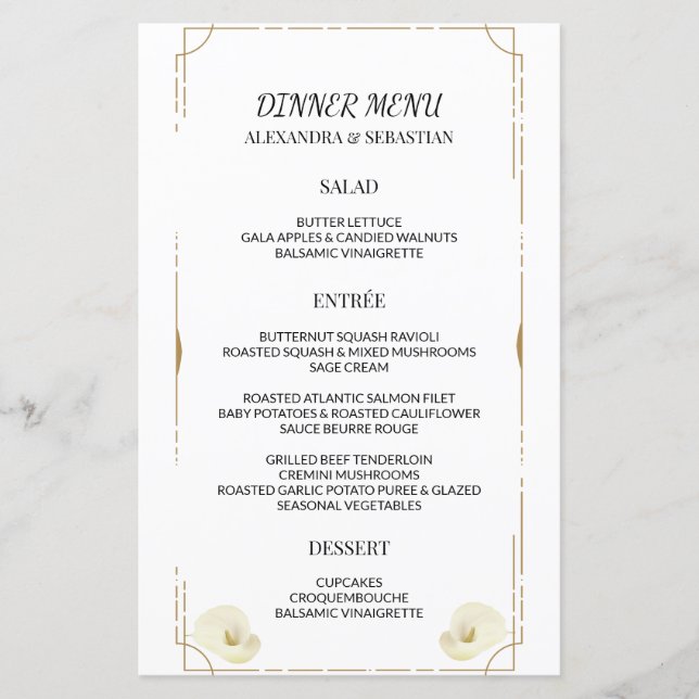 Dual Greenery Calla Lily Wedding Dinner Menu (Front)