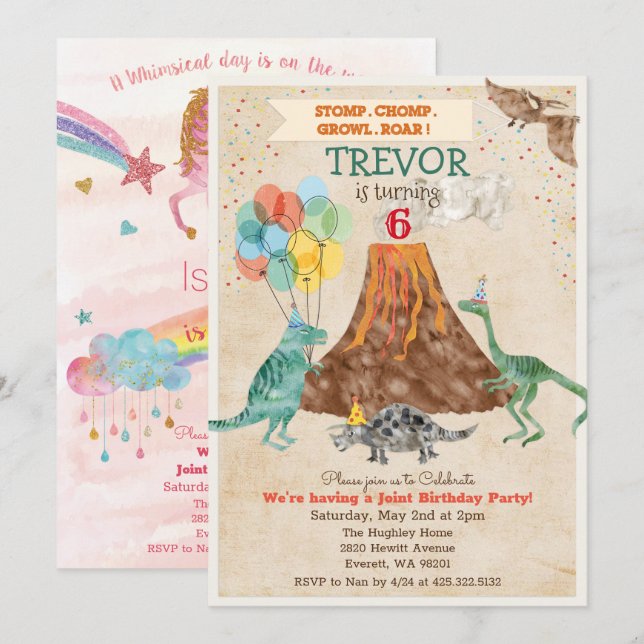 DUAL INVITE - Unicorn and Dinosaur Birthday Invite (Front/Back)