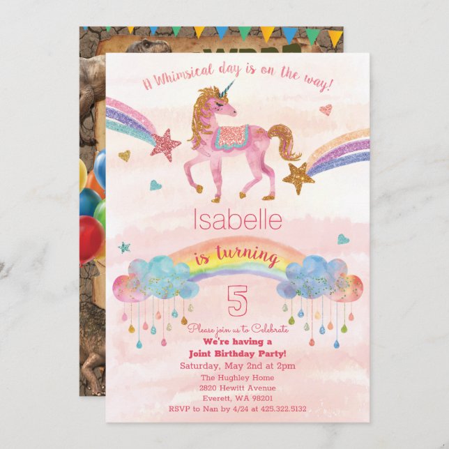 DUAL INVITE - Unicorn and Dinosaur Birthday Invite (Front/Back)