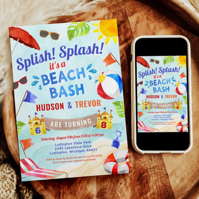 Dual Joint Double Beach Bash Summer Boy Birthday Invitation (Dual Joint Double Beach Bash Summer Boy Birthday Invitation)