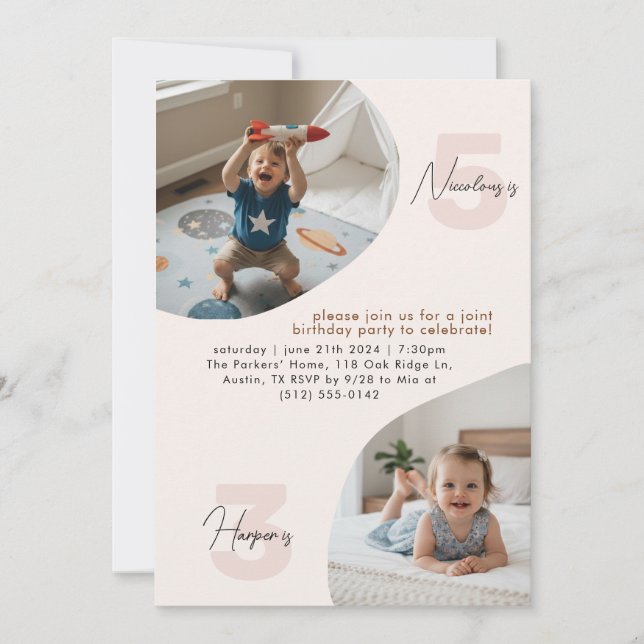 Dual Kids Photo Joint Double Birthday Celebration Invitation (Front)