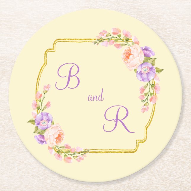 Dual Monogram Initial Gold Frame w Flower Laurels Round Paper Coaster (Front)