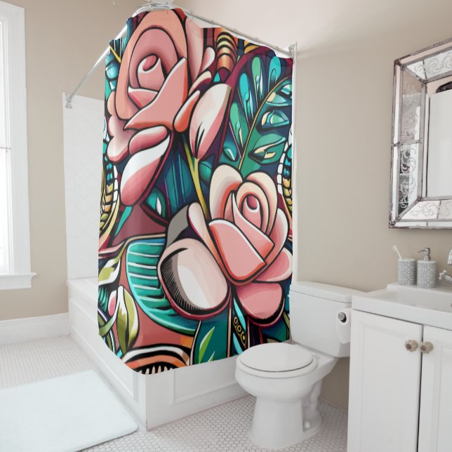 Dual Roses: A Spectacular Floral Arrangement Shower Curtain (In Situ)