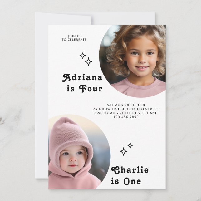 Dual Sibling Portrait Photo Minimal Boho Birthday Invitation (Front)