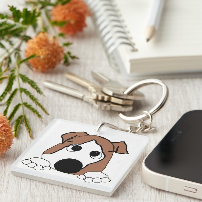dual sided bulldog red and white peeking cartoon key ring (Front Right)