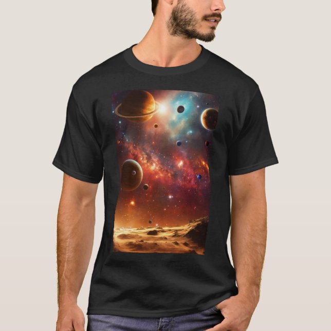 Dual-Sided Cosmic Ballet: Planets Moon T-Shirt (Front)