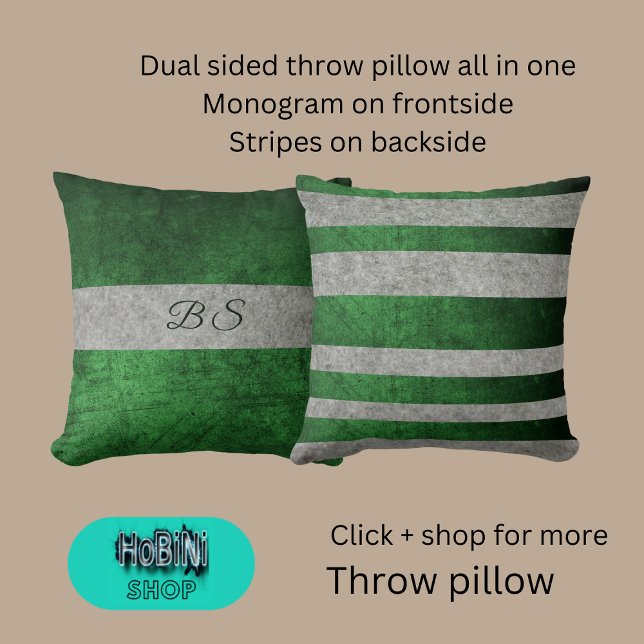 dual sided green grey & monogram & stripes cushion (Dual sided throw pillow all in one
Monogram on frontside
Stripes on backside)