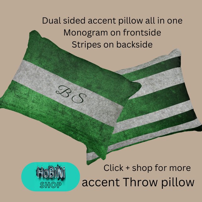 dual sided green grey & monogram & stripes decorative cushion (Dual sided accent throw pillow all in one
Monogram on frontside
Stripes on backside)