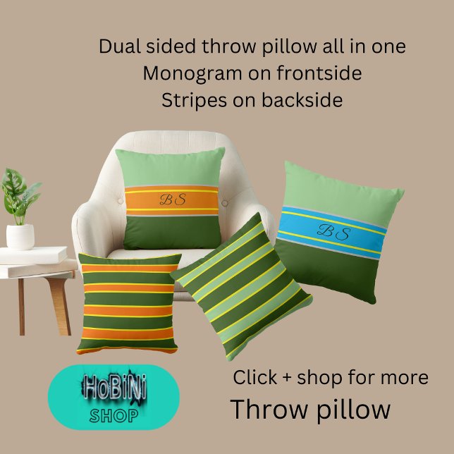 dual sided sage green orange hues monogram stripe cushion (Dual sided throw pillow all in one
Monogram on frontside
Stripes on backside)