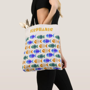 Dual Tone Cute Fish Bone Pattern Name Tote Bag