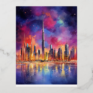 Dubai at Night Abstract Landscape Foil Holiday Postcard