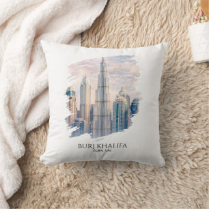 Dubai Burj Khalifa Luxury City Skyline Watercolor Cushion