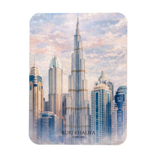 Dubai Burj Khalifa Luxury City Skyline Watercolor  Magnet (Vertical)