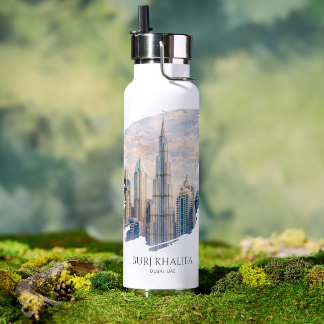 Dubai Burj Khalifa Luxury City Skyline Watercolor  Water Bottle (Outdoor (Rotated))