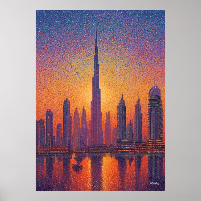 Dubai Burj Khalifa Pointillism Skyline Sunset Poster (Front)