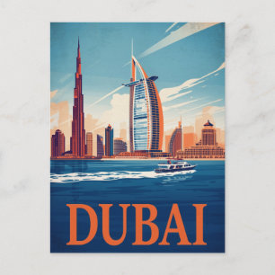 Dubai Marina Skyline & Boat Retro Postcard