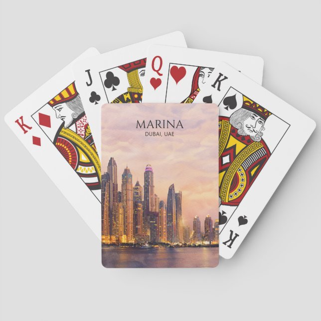 Dubai Marina Skyline Watercolor City Lights Travel Playing Cards (Back)