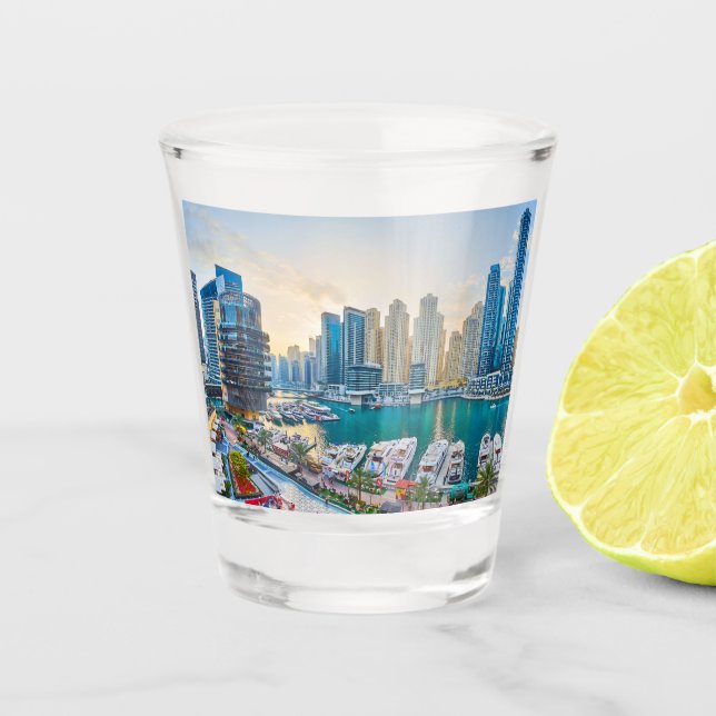 Dubai modern skyscrapers Corniche Shot Glass (Front)
