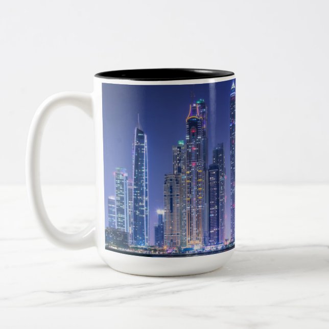 Dubai modern skyscrapers Corniche Two-Tone Coffee Mug (Left)