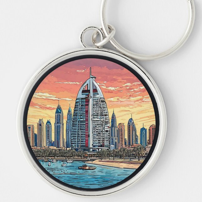 Dubai Skyline at Evening with Iconic Tower Key Ring (Front)