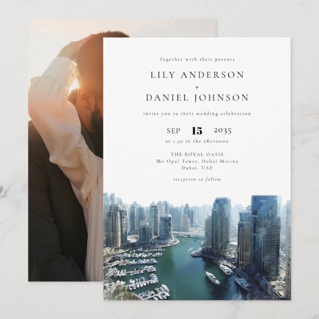 Dubai Skyline Destination Photo Wedding Invitation (Front/Back)