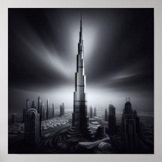Dubai Skyline Majesty – Burj Khalifa in Monochrome Poster