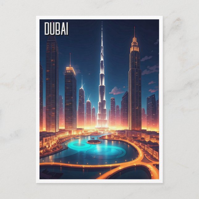 Dubai Skyline Night Travel Postcard (Front)