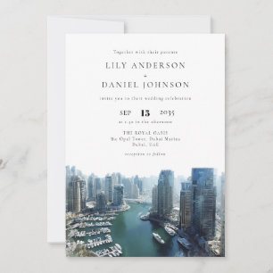 Dubai Skyline Watercolor Elegant Wedding Invitation