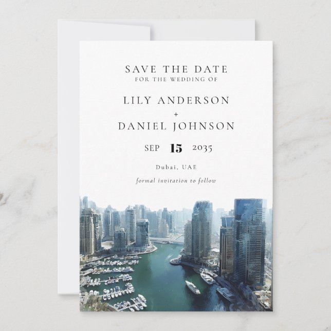Dubai Skyline Watercolor Elegant Wedding Save The Date (Front)