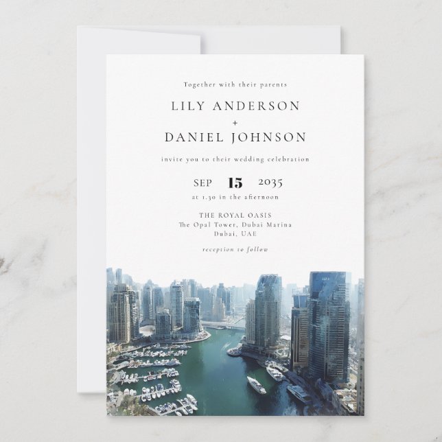 Dubai Skyline Watercolor QR Code Wedding Invitation (Front)