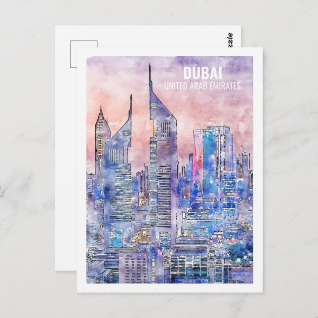 Dubai UAE Famous Travel Place Watercolor Postcard (Front/Back)
