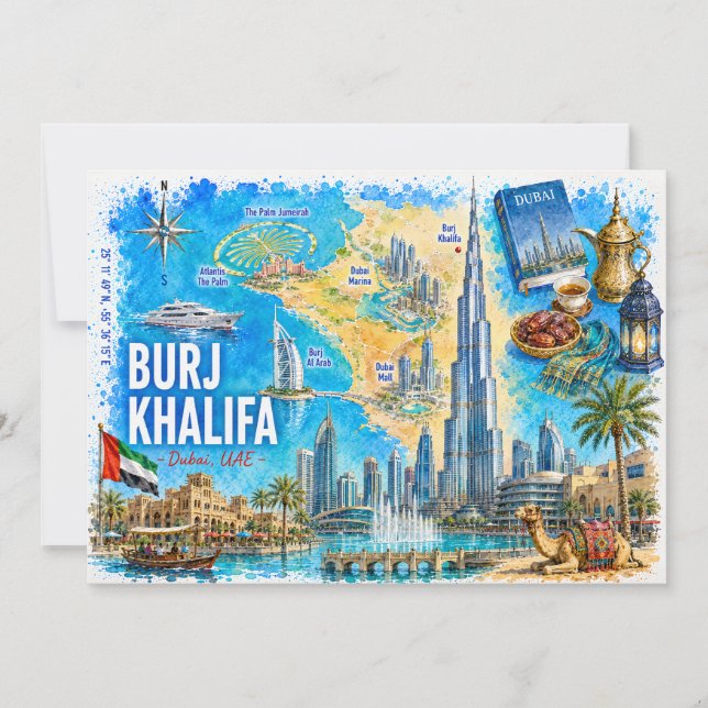 Dubai UAE Illustrated Map Burj Khalifa Postcard (Front)