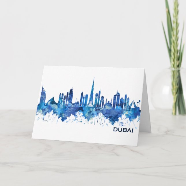 Dubai UAE Skyline Blue Holiday Card (Front)