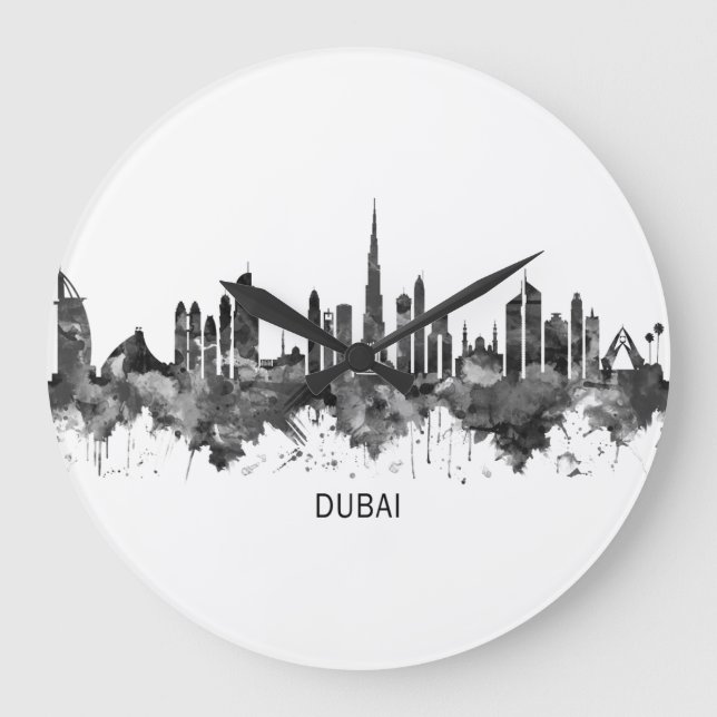 Dubai UAE Skyline BW Large Clock (Front)